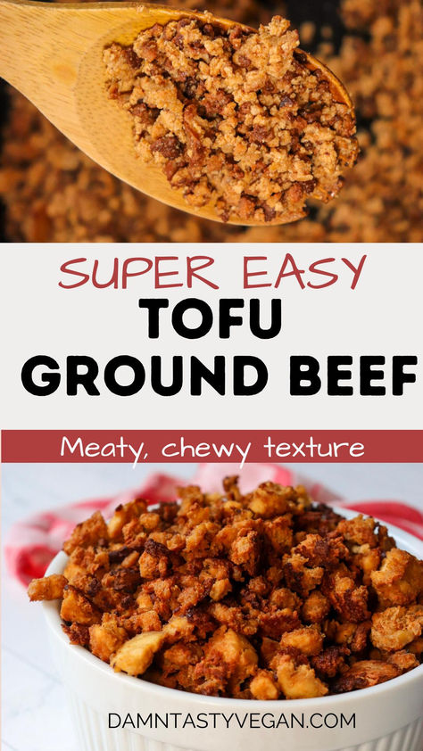 Tofu ground beef in a white ceramic bowl and on a sheet pan with a wooden spoon. Tofu Taco Meat Easy, Meat Substitutes Protein, Tofu Ground Beef Recipes, Hard Tofu Recipes, High Protein Tofu Recipes, Vegetarian Meal Prep High Protein, Tofu Taco Meat, Tofu Ground Beef, Ground Tofu