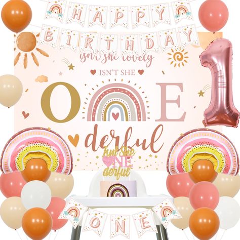 PRICES MAY VARY. Boho Rainbow 1st Birthday Decorations: Include isn’t she lovely isn’t she onederful backdrop 5*3 ft, boho rainbow happy birthday banner, isn’t she onderful cake topper, boho rainbow high chair banner, number 1 foil balloon 32”, 2pcs boho rainbow foil balloons, 16pcs latex balloons 12”. Boho Design: Isn't she lovely isn't she onederful decorations are designed as boho rainbow patterns, will add a bohemia atmosphere for girls 1st birthday party. High Quality: Isn't she lovely isn' Onederful Backdrop, Boho First Birthday Party, Boho Rainbow 1st Birthday, Isn't She Onederful, Boho First Birthday, Rainbow Birthday Decorations, Rainbow 1st Birthday, First Birthday Party Decorations, 1st Birthday Party Themes