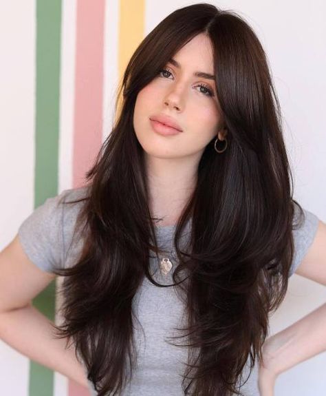 Long Sleek Hair with Bottom Layers Hair Cut For Oval Shape Girl Long Hair, Haircuts For Oval Shaped Face Long, Bottom Layers Haircut, Oval Face Haircuts With Bangs, Haircuts For An Oval Face, Black Hair Haircuts, Bangs Inspo, Hairstyles For Oval Faces, Long Sleek Hair