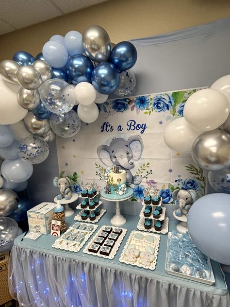 Melbin’s Baby Shower | CatchMyParty.com Blue Elephant Baby Shower Ideas, Baby Shower Blue Theme, Baby Shower Elephant Theme Boy, Elephant Shower Theme, Baby Boy Shower Ideas Themes, Baby Shower Ideas For Boys Decorations, Blue Baby Shower Ideas, Baby Shower Elephant Theme, Elephant Babyshower