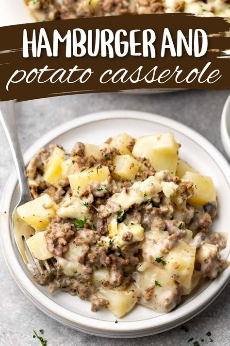 Ground beef and potato casserole on a gray plate with a fork. Ground Beef Cream Of Mushroom, Beef Cream Of Mushroom, Easy Beef Dinner, Casseroles With Ground Beef, Beef And Mushroom Recipe, Dinner Potluck, Ground Beef Potato Casserole, Hamburger Potato Casserole, Hamburger And Potatoes