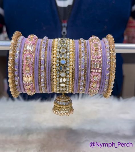 Purple Indian Jewelry Set, Pastel Bangles, Bangles Aesthetic, Purple Bangles, Pakistani Bangles, Colourful Bangles, Bangle Collection, Bangle Ceremony, Purple Lehenga