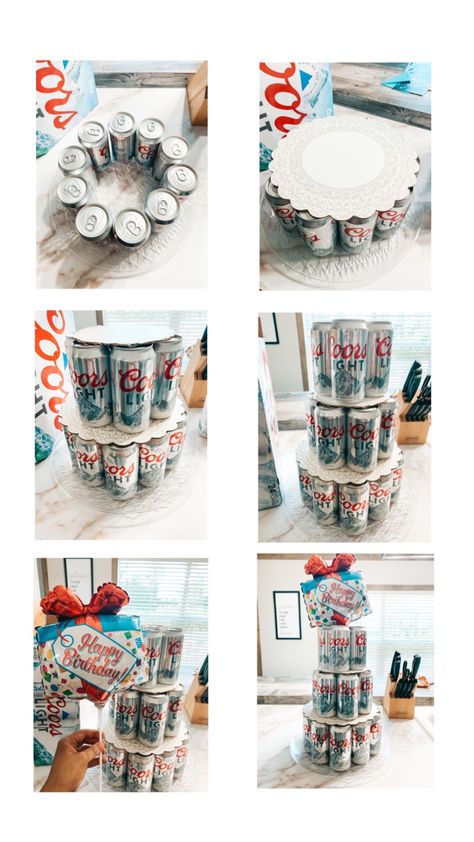 Cakes That Arent Cakes, 42 Birthday Party Ideas For Man, How To Make Beer Cake Tower, Birthday Beer Tower, 50th Birthday Beer Cake, Diy Beer Cake With Cans, Guys 24th Birthday Ideas, 21st Birthday Party Favors For Guys, Beer Can Cakes For Men Diy