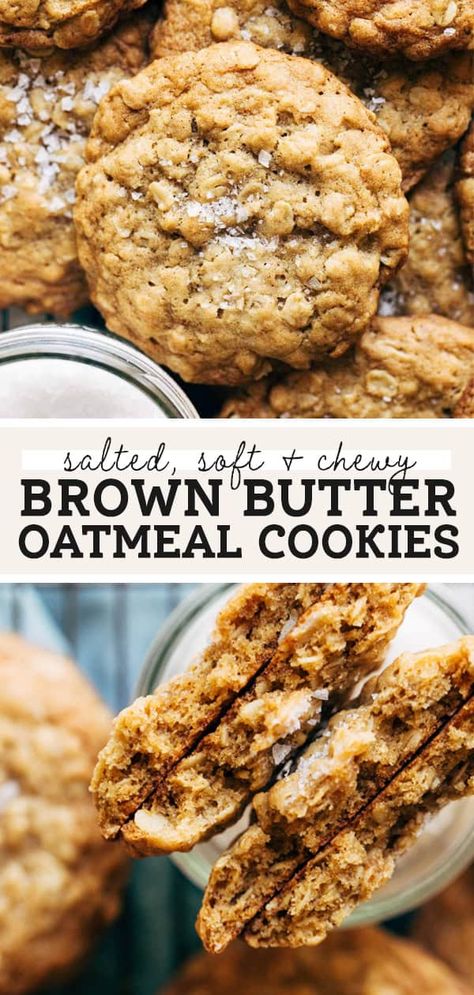 These oatmeal cookies are taken up a notch and baked with brown butter! It creates a deep and rich flavor until any other oatmeal cookie recipe. They're soft, chewy, and full of flavor. #oatmealcookies #cookierecipe #cookies #brownbutter #butternutbakery | butternutbakeryblog.com Oatmeal Cookies Brown Butter, Brown Butter Oatmeal Chocolate Chip Cookie Recipe, Browned Butter Oatmeal Cookies, Brown Butter Oatmeal Raisin Cookies, Brown Butter Cookies Recipe, Brown Butter Cookie Recipes, Brown Butter Recipes, Brown Butter Oatmeal Cookies, Butterless Cookies