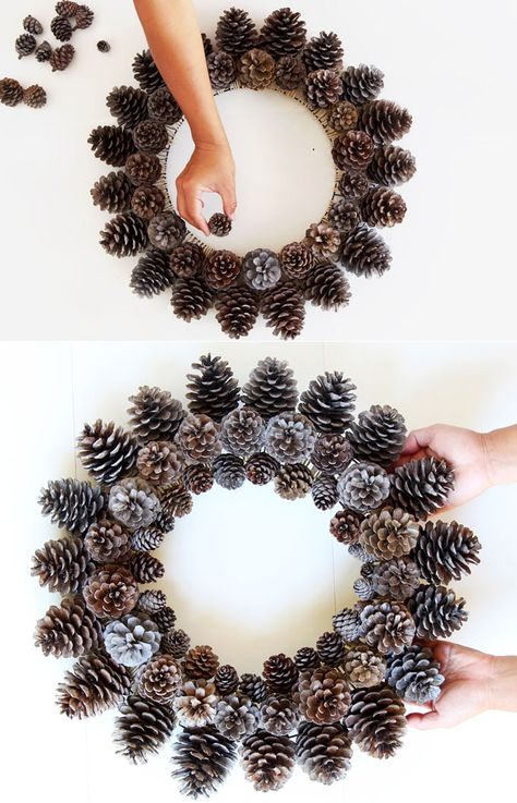 Easy & long lasting DIY pinecone wreath: beautiful as Thanksgiving & Christmas decorations & centerpieces. Great pine cone crafts for fall & winter! - A Piece of Rainbow, home decor ideas, christmas crafts, farmhouse style, wedding décor, crafts for kids, door decor Diy Pinecone Wreath, Julkransar Diy, Crafts For Fall, Couronne Diy, Diy Christmas Candy, Christmas Decorations Centerpiece, Christmas Pine Cones, Cone Crafts, Diy Pinecone