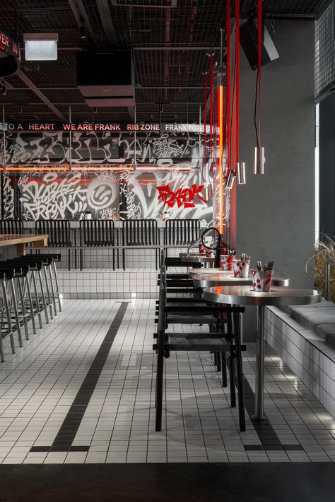 FRANK restaurant :: Behance Modern Burger Restaurant Interior, Modern Fast Food Restaurant Design, Creative Interior, Object Design, Backyard Grilling, Studio Interior Design, Ny Mets, Interior Design Architecture, Workplace Design