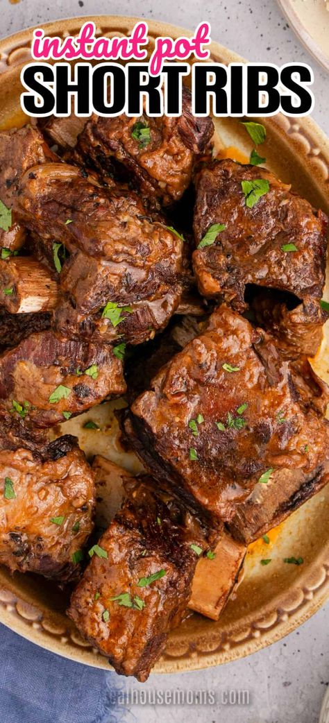 Succulent, savory, fall-off-the-bone Instant Pot Short Ribs with rich beef gravy is the most delicious dinner made quickly and easily! #Realhousemoms #instantpot #shortribs #meaty #braised #comfortfood #pressurecooker #redwinesauce #maindish #weeknightdinner Instant Pot Short Ribs, Simply Happy Foodie, Boneless Beef Short Ribs, Beef Short Rib Recipes, Short Ribs Recipe, Braised Short Ribs, Tender Beef, Beef Short Ribs, Instant Pot Dinner Recipes