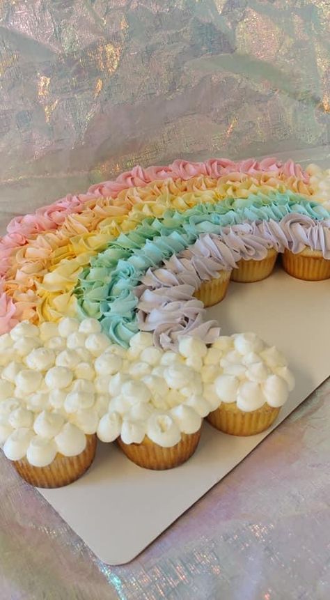 Sunshine And Rainbow Cupcakes, Pink Rainbow Cupcakes, Rainbow Snack Table, Pastel Rainbow Bday Party, Rainbow Sprinkle Party, Cloud Rainbow Cake, 1st Birthday Party Rainbow Theme, Cloud 9 Bday Party Ideas, Cloud 9 Birthday Cupcakes