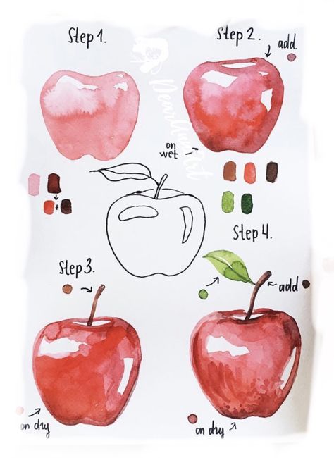 Apple Drawing, Watercolor Food Illustration, Art Apple, Learn Watercolor Painting, Draw Ideas, Learn Watercolor, Watercolor Food, Watercolor Paintings For Beginners, Watercolor Fruit