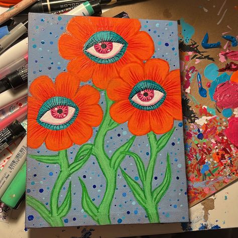 Eyeball Art Weird, Third Eye Drawing Simple, Eye Flower Painting, Trippy Eye Painting, Trippy Art Painting, Surealisme Art, Third Eye Painting, Flower With Eye, Flowers With Eyes