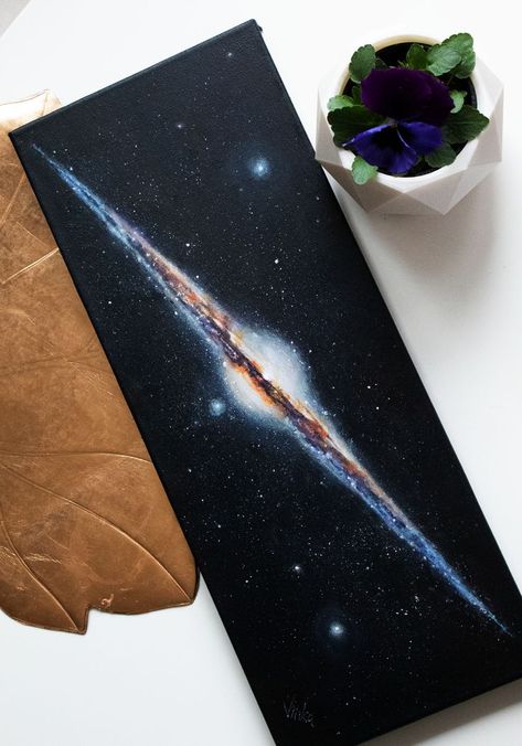 his painting is a representation of a galaxy named Needle galaxy. Stars in acrylic on canvas. Large Canvas Galaxy Painting, Physics Painting Ideas, Stars Painting Aesthetic, Paintings Of Space, Space Themed Painting, Split Canvas Painting Ideas, Galaxy Art Drawing, Swirl Painting Canvas, Split Canvas Painting