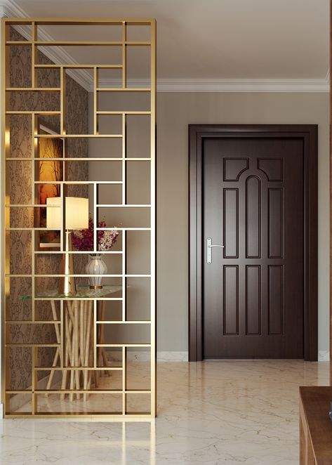 Foyer designs - Choose a contemporary gold divider to separate your foyer and living room   #gold #interiors #entrance #foyerdesign Garderobeløsning Gang, Room Divider Ideas Diy, Small Room Divider, Wall Partition Design, Living Room Divider, Diy Room Divider, Room Divider Walls, Divider Design, Separating Rooms