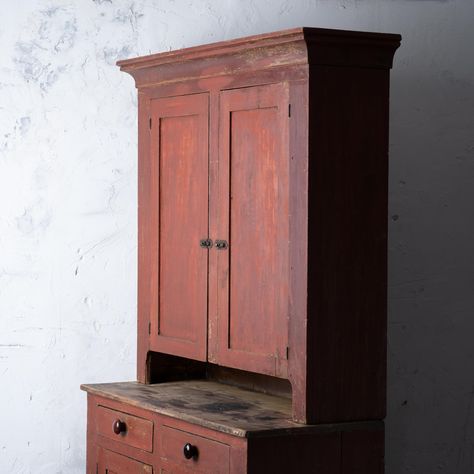 Painted Cupboard, 19th Century | Chairish Primitive Stepback Cupboards, Early American Home Decor, Farmhouse Cupboards, American Colonial Decor, Primitive Homes Interiors, Primitive Wall Cabinets, Stepback Cupboard, Primitive Hutch, Primitive Cabinet