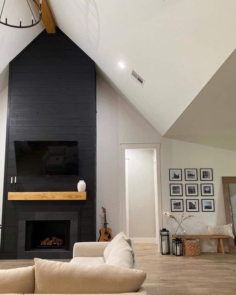 Black Shiplap Cathedral Ceiling Fireplace - Soul & Lane Stone Tile Fireplace, Black Brick Fireplace, Two Story Fireplace, Grey Stone Fireplace, Grey Fireplace, Fireplace Facing, Shiplap Ceiling, Cathedral Ceilings, Black Fireplace