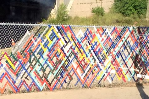 Fence mural, fence art, painted fence, garden art, chain link fence Chain Link Fence Ideas Decor, Fence Wrap Design, Fence Tape Art, Decorating Chain Link Fence Ideas, Chain Link Fence Ideas Cover Up Diy, Painted Fence Panels, Wire Fence Decorating Ideas, Decorate A Chain Link Fence, Chain Link Fence Ideas Cover Up