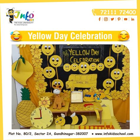 The Pre-School students of InfoKids, celebrated Yellow Day on 31st August 2020, with fun and enthusiasm virtually. All the children and their teachers were dressed colorfully to celebrate their color day. #yellowday #InfoKidsSchool #admission #preschool #kids #education Yellow Color Crafts For Preschool, Yellow Colour Craft For Preschoolers, Yellow Day Craft Ideas, Yellow Day Decoration Ideas For School, Yellow Color Day Celebration In School, Yellow Day Celebration In School, Colours Day Decoration In School, Yellow Crafts For Preschoolers, Yellow Day Board Decoration In Preschool