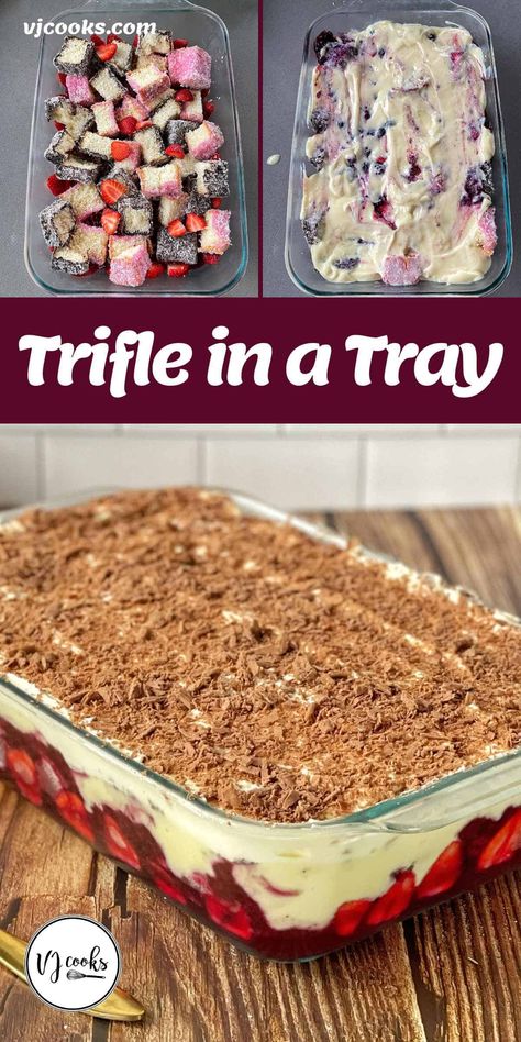 An easy tray trifle made from layers of jelly, lamingtons, custard, chocolate cake, strawberry, berry coulis, whipped cream and chocolate. For ease and convenience I use store-bought lamingtons, cake and custard. This makes the assembly so easy! If you want to get ahead, I suggest you make the jelly and berry coulis the night before. Then when it's time to assemble you'll have everything ready to go. #vjcooks #traytrifle #cheatsdessert Trifle In A Tray, Fruity Trifle Desserts, Traditional Trifle Recipes, Berry Tiramisu Trifle, Truffle Desserts Layered Easy, Trifle Cake Recipes, Pina Colada Trifle, Cake Trifle Desserts, Slices Recipes Easy