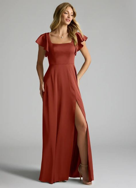 Azazie Bondi Auburn Bridesmaid Dresses | Azazie Twilight Bridesmaid Dresses, November Wedding Guest Outfits, Terracotta Bridesmaid Dress, Terracotta Bridesmaid, Gorgeous Bridesmaid Dresses, Fall Bridesmaids, Fall Bridesmaid Dresses, Bridesmaid Dresses Azazie, November Wedding