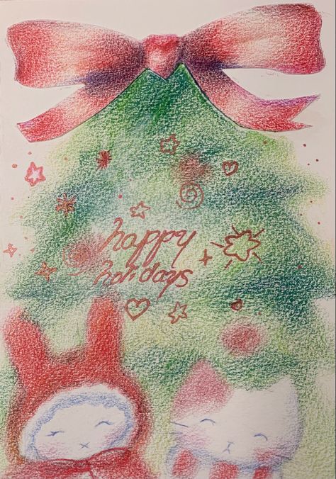 christmas card i made for a friend Christmas Cards Sketch, Christmas Card Wallpaper, Christmas Gift Card Aesthetic, Christmas Card Aesthetic Ideas, Collage Christmas Cards Ideas, Coquette Christmas Card, Holiday Drawings Winter, Aesthetic Holiday Cards, Drawing Gift Ideas Friends