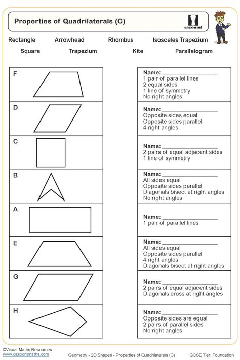 Explore the comprehensive Properties of Quadrilaterals Worksheet designed to enhance your understanding of various quadrilateral characteristics. Engage with thought-provoking questions that challenge your knowledge and mastery of quadrilateral properties. Perfect for students seeking to consolidate their grasp on this fundamental geometry concept, this worksheet offers a practical and effective learning resource. Dive into a world of shapes and angles as you navigate through the rich content me Understanding Quadrilaterals Class 8, Classifying Quadrilaterals Activities, Year 9 Maths Worksheets, Ks3 Maths Worksheets, Year 8 Maths Worksheets, Properties Of Quadrilaterals, Ks1 Maths Worksheets, Quadrilaterals Activities, Year 6 Maths Worksheets