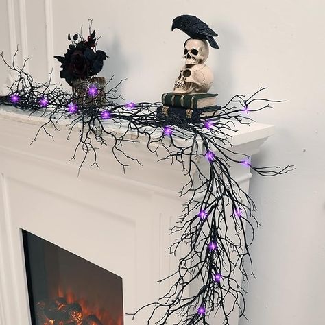 Amazon.com: VercanMonth Halloween Branch Garland with Lights 5FT 30 LEDs Artificial Garland Battery Operated Lighted Twig Vine for Halloween Wall, Mantle, Table Decoration : Home & Kitchen Black Garland Halloween, Halloween Archway Entrance, Diy Branches, Branch Garland, Desk Fireplace, Garland With Lights, Wall Mantle, Halloween Fireplace, Entryway Porch