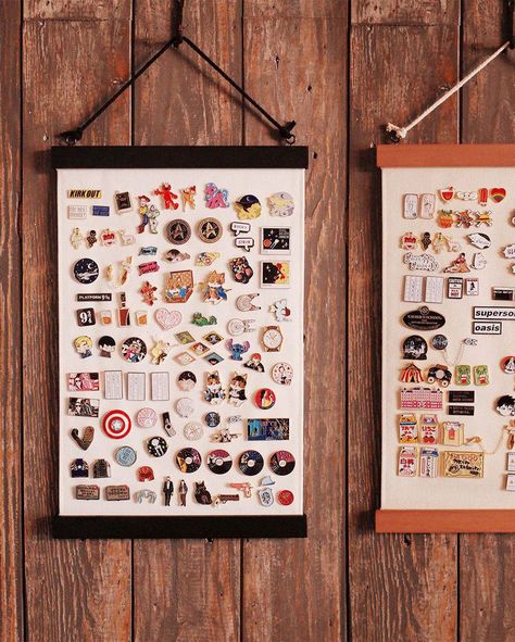 10 Cool Enamel Pin Display Ideas You Need For Your Collection Vintage Jewelry Shadow Box Display, Cute Collection Ideas, Collectable Display Ideas, Pin Decoration Ideas, Pin Collection Display Ideas, Enamel Pin Display Ideas, Display Polaroid Pictures, Pin Display Ideas, Ideas For Pins