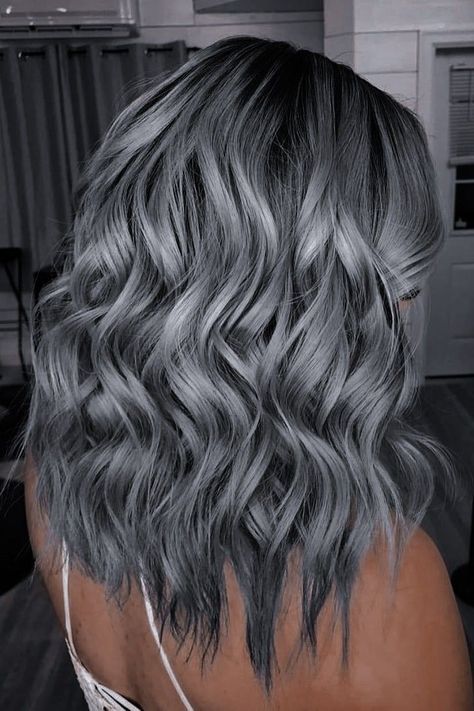 Hairstyles Grey Hair For Women In 2023-24 Dark Grey And Blonde Hair, Dark Grey Silver Hair, Hair Color Ideas For Brunettes Silver, Hair Color Ideas For Brunettes Growing Out Gray, Grey And Colored Hair, Light Grey Hair With Dark Roots, Smoky Silver Hair Color, Dark Grey Hair Charcoal Short, Dark Silver Hair Color Formula