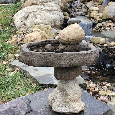 Organic Rock Balancing Bird bath sculpture, Natural balancing rocks. CF-516CS Rock Bird Bath, Balancing Rocks, Rock Balancing, Stone Bird Baths, Bird Bath Bowl, Concrete Bird Bath, Stone Cairns, Small Water Features, Hosta Gardens