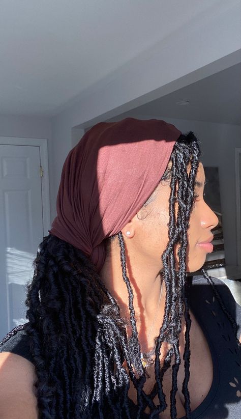 Head Wrap Faux Locs, Faux Locs Wrap Styles, Faux Locs Head Wrap, Aesthetic Loc Hairstyles, Dreads Head Wrap, Soft Locs With Head Wrap, Bandana Hairstyles With Locs, Headwrap Locs Styles, Faux Locs Headwrap Styles