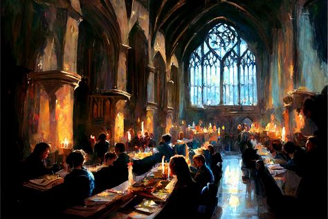 Hogwarts Aesthetic Painting, Hogwarts Great Hall Aesthetic, Hogwarts Oil Painting, Hogwarts Illustration, Hogwarts Artwork, Hogwarts Painting, Hogwarts Fanart, Hogwarts Great Hall, Harry Potter Painting