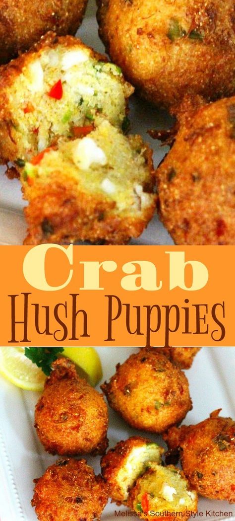 Hush Puppies Cornbread, Pumpkin Hush Puppies, Crab Fritters Appetizers, Crabmeat Hush Puppies, Crab Tots Recipe, Crab Meat Hush Puppies, Captain Ds Hush Puppies Recipe, Seafood Hush Puppies Recipe, Cajun Hush Puppies Recipe