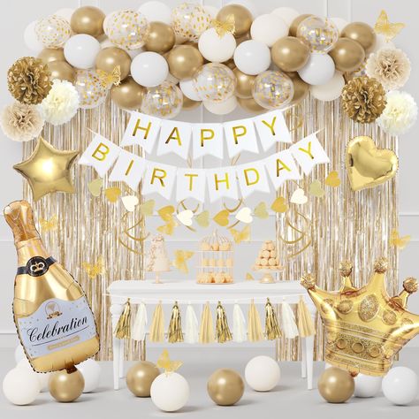 PRICES MAY VARY. Gold Birthday Decorations: Our 98pcs valuable gold party decorations kit include 2pcs gold foil fringe curtains, 4pcs gold foil balloons(40"champagne bottle/30"crown/18"star/18"heart), 20pcs 10"metallic gold balloons, 20pcs 10"white/white sand balloons, 10pcs12"gold confetti balloon, 1pcs happy birthday banner, 1pcs heart banner, 6pcs 6"paper flowers, 15pcs tissue tassels(5gold, 5Khaki, 5ivory white), 12pcs gold butterfly wall decor, 4pcs hanging swirls and 3pcs balloon tools. M Birthday Function Decoration, Silver And Gold Birthday Party Decor, White And Gold Party Ideas, White And Gold Birthday Theme, Birthday Decorations White And Gold, Gold Party Decorations Birthday, White And Gold Birthday Decorations, Birthday Themes For Women 20s, March Birthday Party Ideas