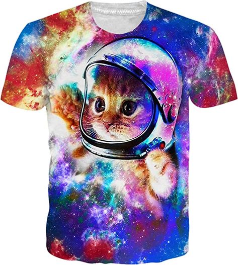 How cute!! Creative Galaxy, Galaxy Cat, Graphic Print Top, Galaxy Print, Casual Summer Shorts, Space Cat, Funny Graphics, Cat T, Novelty Print