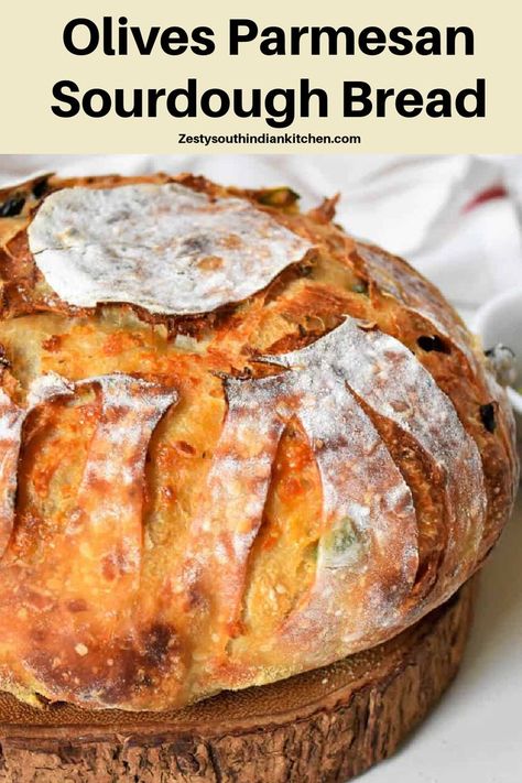 Delicious Olives Parmesan Sourdough Bread looks perfect treat with mixed olives and nutty Parmesan cheese with crusty bread Parmesan Sourdough Bread, Canning Bread, Artisan Sourdough Bread Recipe, Olive Bread, Homemade Sourdough Bread, Herb Bread, Homemade Sourdough, Sourdough Starter Recipe, Sourdough Bread Recipe