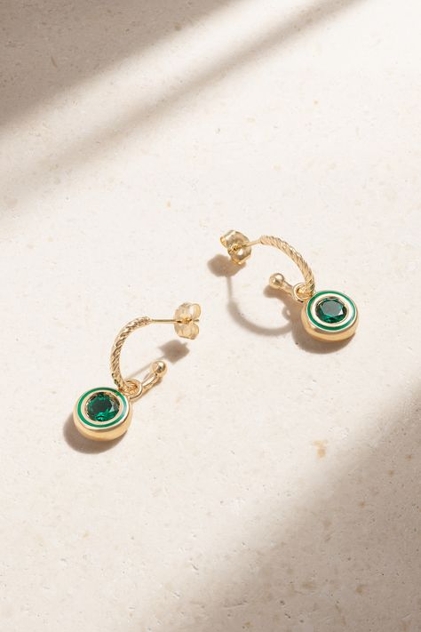 Alison Lou's colorful jewelry is designed to make you smile. These 'Madison' earrings are handmade from 14-karat gold and threaded with a sparkling laboratory-grown emerald, surrounded by tonal green enamel. Remove the charm to wear them as simple hoops. 2024 Creative, Classic Jewellery, Alison Lou, Colorful Jewelry, Enamel Earrings, Classic Jewelry, Green Enamel, Lovely Earrings, Fine Jewellery Earrings