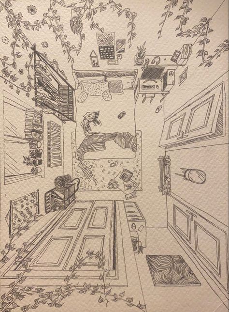 Drawing Rooms In Perspective, Art Inspo Perspective, How To Draw A Room In Perspective, Interior Design Room Sketch, Drawing Room Perspective, Room Perspective From Above Drawing, Cute Apartment Drawing, One Point Perspective Room Aesthetic, 1 Perspective Room