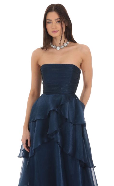 Formal Dresses Maxi, Graduation Guest Outfits, Senior Hoco, Navy Formal Dress, Folklore Dress, Tudor Period, Formal Ideas, Prom Dress Inspo, Strapless Ruffle Dress