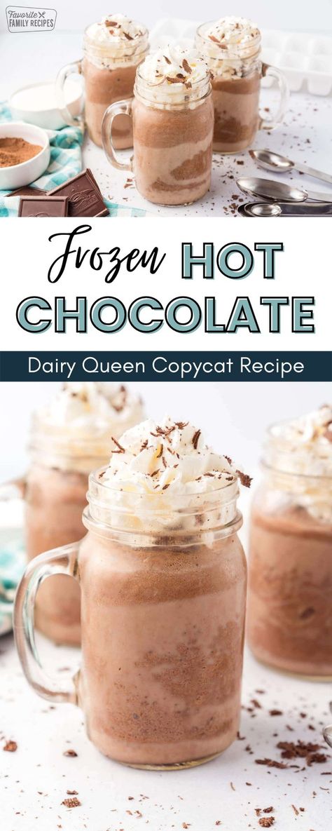 This Frozen Hot Chocolate recipe has a rich, hot chocolate taste, with the creaminess of a chocolate milkshake. There’s nothing better than drinking this cool, creamy, chocolatey drink on a hot summer day! They taste like the fancy drinks you can get in New York City at Serendipity but a lot cheaper and easier to make at home. Dairy Queen Frozen Hot Chocolate Recipe, Things To Make With Hot Chocolate Powder, Frozen Hot Chocolate Recipe Dq, Homemade Frozen Hot Chocolate, Recipes With Hot Chocolate Powder, Frozen Hot Chocolate Recipe Easy, Iced Hot Chocolate Recipe, Hot Chocolate Milkshake, Frozen Hot Chocolate Martini