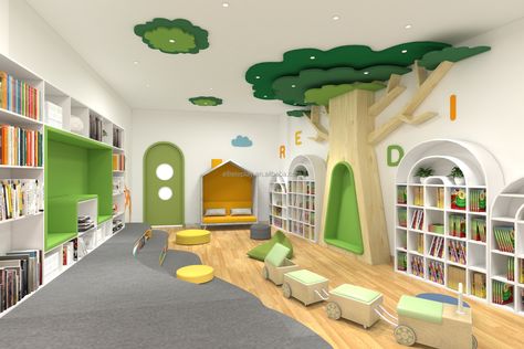 Classroom Furniture Design, Library Room Design, Library Tree, Library Furniture Design, Daycare Room Design, Interior Library, Rocking Bed, Kindergarten Furniture, Daycare Rooms