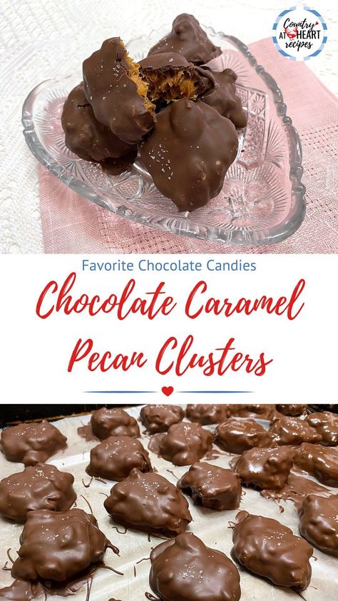 Werther Caramel Recipes, Chocolate Pecan Carmels, Chocolate Pecan Carmel Clusters, Chocolate Pecan Turtle Clusters Candy Recipes, Carmel Chocolate Pecan Clusters, Pecan Carmel Clusters, Carmel Peanut Clusters Chocolate Covered, Pecan Chocolate Clusters, Chocolate Caramel Pecan Clusters