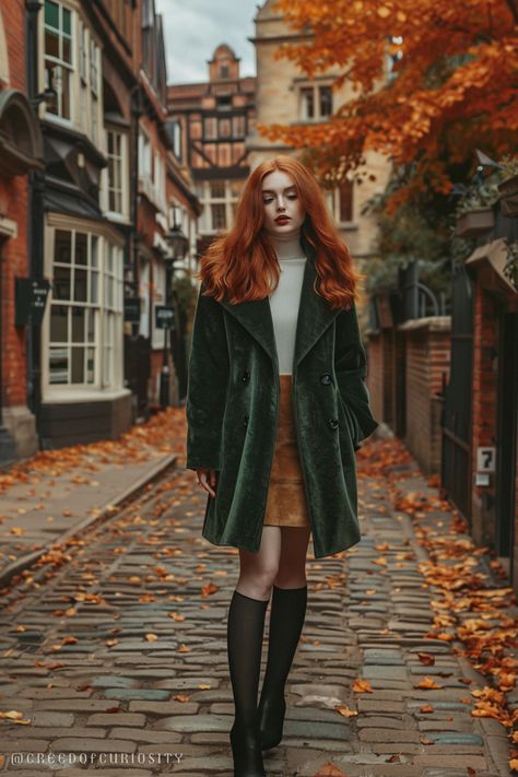 Redhead woman, green coat, autumn street, walking alone, golden leaves, cool air, chic fashion, relaxed expression, peaceful moment, cobblestones, layered fall style, muted colors, seasonal beauty, calm demeanor, soft breeze, crisp air, thoughtful mood, soft lighting, quiet street, subtle elegance, understated beauty, autumn walk, serene moment Redhead Fall Outfits, Teen Fall Outfits, London Outfits, Redhead Woman, Autumn Street, Flamboyant Natural, Autumn Walk, Boho Cowgirl, Coat Autumn