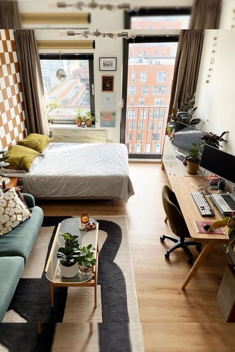 Studio Apartment Masculine, Studio Apartment Computer Desk, Studio Apartment Desk Layout, San Francisco Studio Apartment Ideas, King Size Bed Studio Apartment, Studio Apartment With Desk, Small Studio Apartment Ideas 400 Sq Ft, Long Studio Apartment Layout, Tiny One Room Apartment