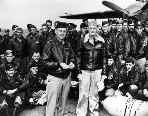 Lt. Col. Jimmy Doolittle and Navy Captain Marc Mitscher with the Raiders in the background. Doolittle Raiders, Doolittle Raid, Uss Hornet, Veterans Discounts, 80th Anniversary, Korea Travel, Koh Tao, Military Veterans, Pearl Harbor