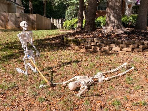 Skeleton Displays For Halloween, Skeleton Displays, Posing Skeletons, Skeleton Decorations Outdoor, Skeleton Halloween Decorations, Outdoor Skeleton, Halloween Skeleton Decorations, Halloween Outside, Halloween Wood Crafts