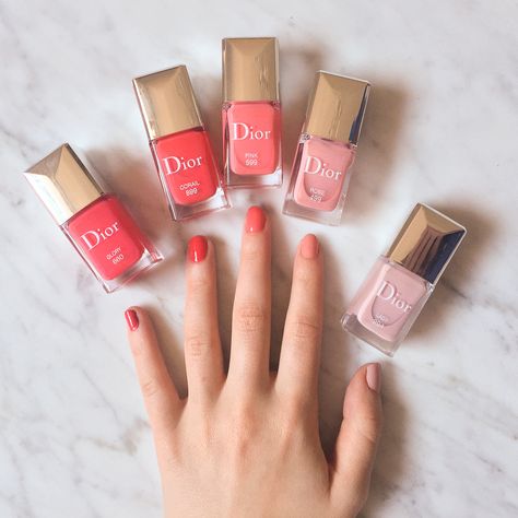 From left: Dior Vernis Gel Shine & Long Wear Nail Lacquer in Glory 660, Corail 899, Pink 599, Rose 499, and Lady 294. Men Nail Polish, Dior Nail Polish, Dior Nails, Lip Colours, Mens Nails, Pink Polish, Best Nail Polish, Pink Nail Polish, Womens Nails