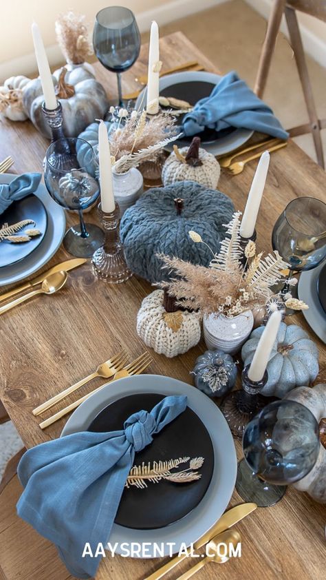 fall table design in gray, blue, ivory, with gold accents Blue Gray Table Setting, Blue Wine Glasses Table Setting, Blue And Ivory Kitchen, Blue And Cream Thanksgiving Table, Blue White Gold Fall Decor, Light Blue Plates Table Setting, Light Blue Thanksgiving Table, Dusty Blue Fall Decor, Thanksgiving Blue Decor