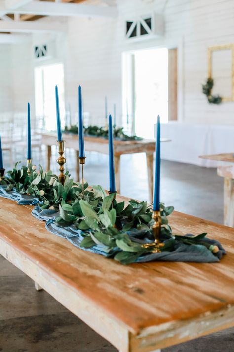 Navy And Gold Centerpieces Wedding, Blue And Deep Green Wedding Decor, Navy And Sage Table Setting, Dusty Blue Forest Wedding, Blue And Green Table Decor, Navy Blue And Emerald Green Wedding Centerpieces, Green And Navy Wedding Theme, Blue And Green Tablescapes, Emerald Green And Dusty Blue Wedding