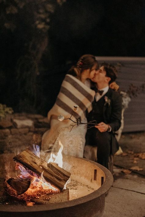 Fall Camping Wedding, Lake House Elopement, Bonfire Wedding Photos, Fire Pit At Wedding, Bonfire At Wedding, Bon Fire Wedding, Cabin Wedding Photography, Backyard Wedding Winter, Intimate Cabin Wedding