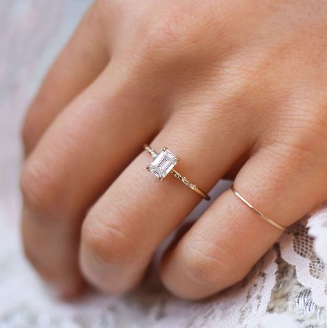 Dainty Rings Wedding, Wedding Rings Emerald Cut Small, Emerald Cut Small Engagement Ring, Rectangle Engagement Ring Small, Small Rectangular Engagement Ring, Dainty Square Engagement Ring, Small Simple Engagement Rings Gold, Engagement Rings Simple Rectangle, Small Band Engagement Ring