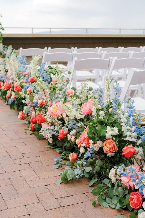 Coral Blue And White Wedding Flowers, Chapel Floral Decorations, Light Blue Wedding With Colorful Flowers, Floral Arrangements With Hydrangeas, Light Blue And Coral Wedding, Dusty Blue And Coral Wedding, Coral Blue Wedding, Pink And Blue Wedding Flowers, Coral And Blue Wedding